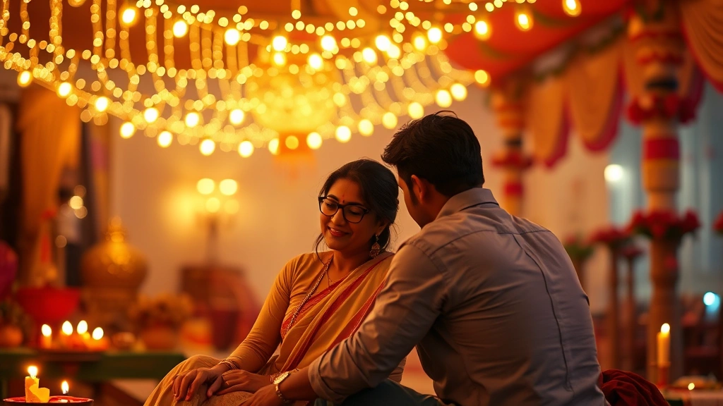 Two people sitting together under string lights during Diwali festival celebration, warm golden lighting, intimate moment, photorealistic Indian setting with traditional decorative elements in soft focus background