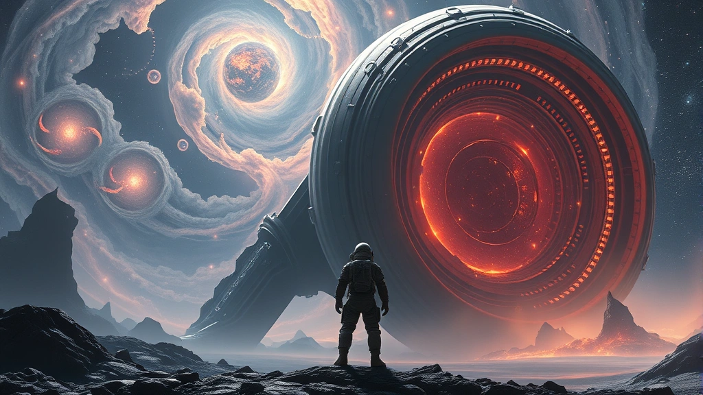 Astronaut in advanced spacesuit standing before massive alien structure with swirling cosmic energy patterns and distant nebulas in starry sky