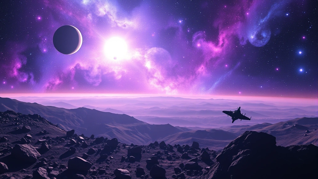 Vast cosmic landscape with multiple planets orbiting a star, swirling asteroid field, and spacecraft silhouette against brilliant nebula colors of purple and blue