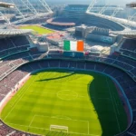 Aerial view of Dublin stadium with green field and Irish flag, bright daylight, photorealistic sports venue