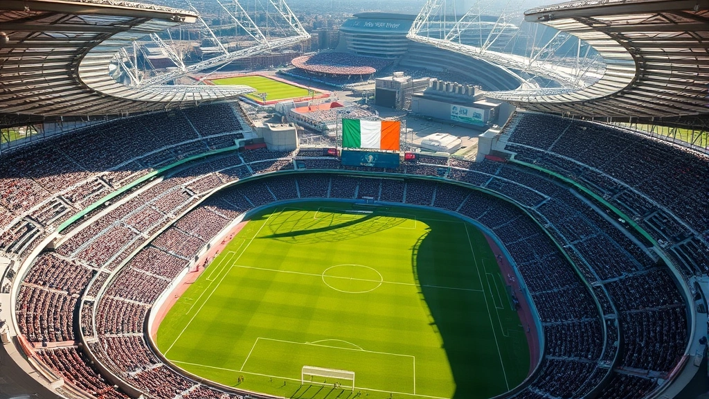 Aerial view of Dublin stadium with green field and Irish flag, bright daylight, photorealistic sports venue