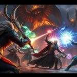 Epic fantasy RPG battle scene with glowing magical effects, detailed character armor, dynamic action poses, photorealistic lighting, no UI elements or text overlays