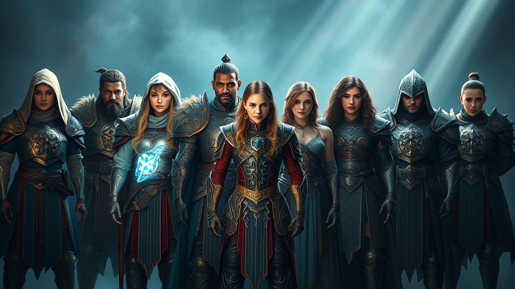 Diverse fantasy RPG heroes standing together in dramatic lighting with intricate armor designs, magical auras, confident expressions, cinematic composition, photorealistic detail