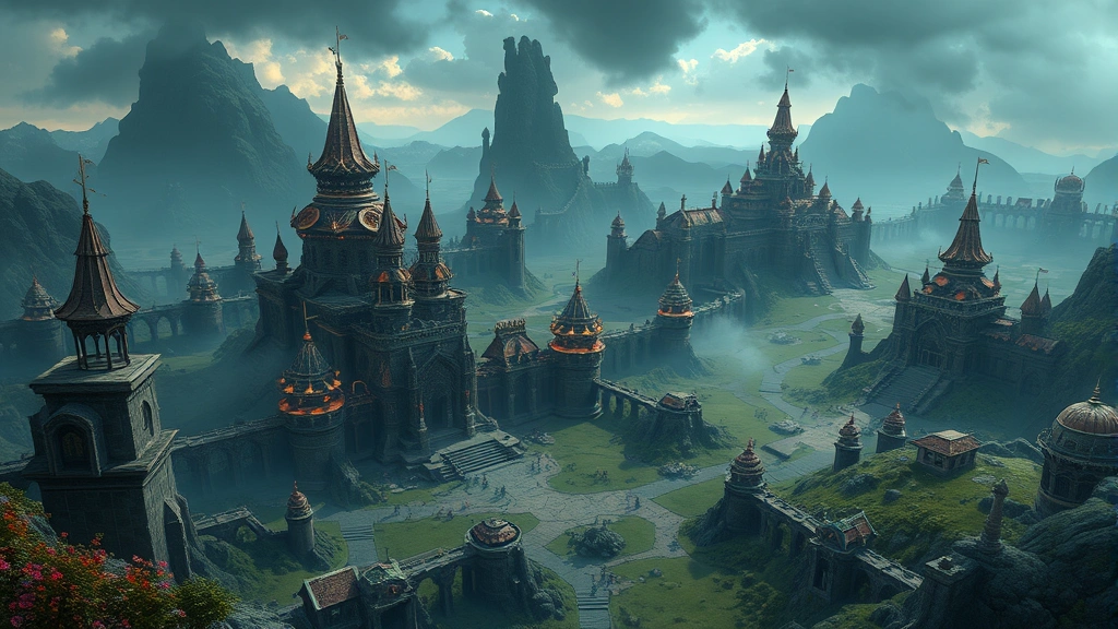 Immersive fantasy RPG world landscape with sprawling kingdoms, magical architecture, detailed environmental storytelling, atmospheric lighting, no game interface or text elements visible