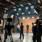 Professional film production set with sophisticated camera equipment, lighting rigs, and crew members filming in a modern studio environment, cinematic Korean drama production aesthetic, photorealistic