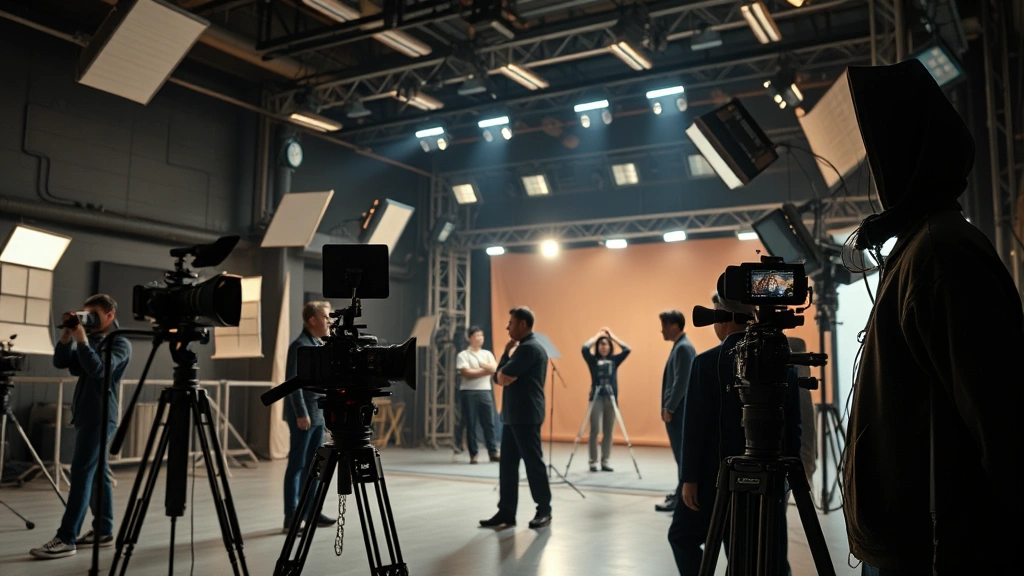 Professional film production set with sophisticated camera equipment, lighting rigs, and crew members filming in a modern studio environment, cinematic Korean drama production aesthetic, photorealistic