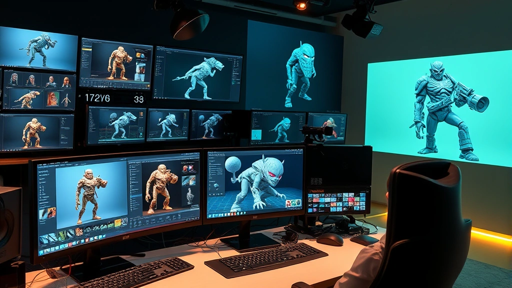 Visual effects studio workspace showing multiple computer monitors displaying 3D character models and animation software, professional VFX artists working on detailed digital character creation, photorealistic modern tech environment