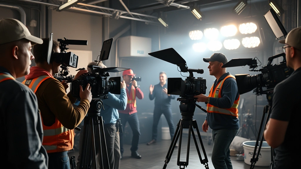 High-end television production behind-the-scenes with professional actors, safety equipment, and production crew coordinating complex scene filming, dramatic lighting setup, cinematic production quality