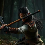 A warrior woman with dark hair in combat stance, holding an axe in a dense forest arena, dramatic lighting, photorealistic, no HUD or text elements