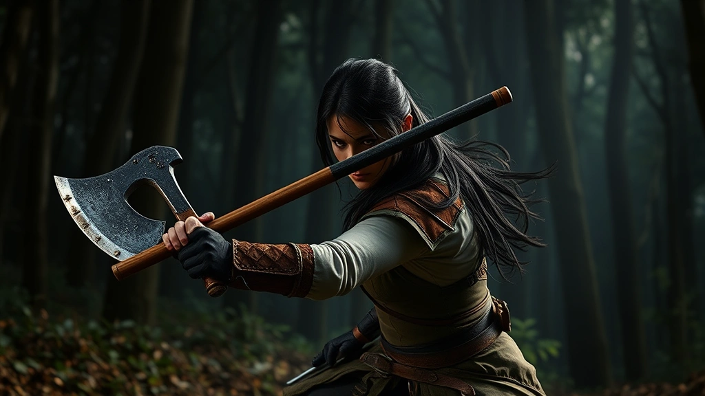 A warrior woman with dark hair in combat stance, holding an axe in a dense forest arena, dramatic lighting, photorealistic, no HUD or text elements