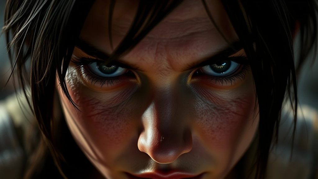 Close-up of a determined female character's face showing focused intensity and survival instinct, photorealistic, dramatic shadows, no visible text or UI elements