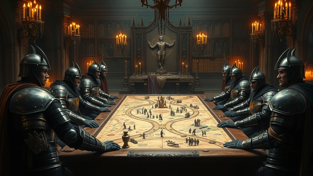 Medieval fantasy kingdom throne room with armored nobles discussing strategy around a large table covered with maps and military pieces, dramatic candlelit atmosphere, photorealistic