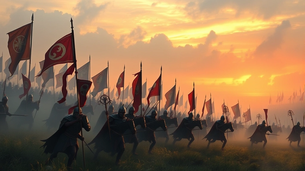 Fantasy soldiers in battle formation on a misty battlefield at dawn, diverse army units with banners and weapons, photorealistic medieval warfare scene