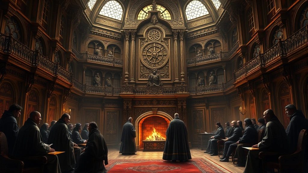 Intricate political council chamber with robed advisors plotting around a fireplace, shadowy figures whispering secrets, elaborate medieval architecture, photorealistic