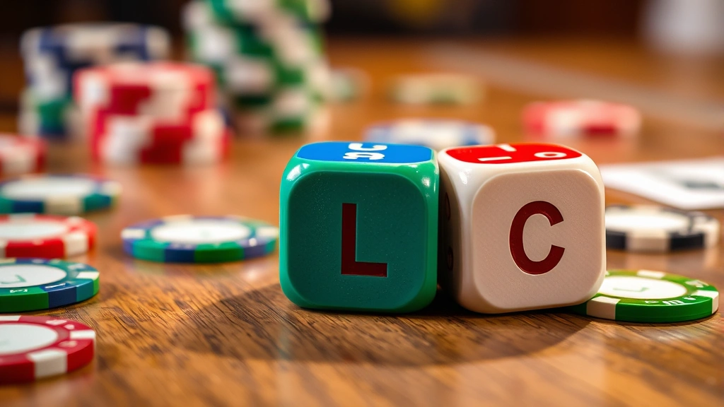 Close-up of three colorful dice with L R C symbols on wooden gaming table, poker chips scattered around, warm lighting, depth of field focus on dice faces