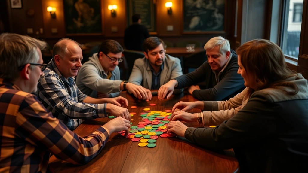 Players sitting in circle passing chips around, hands visible exchanging colorful tokens, casual game night atmosphere, warm indoor lighting, wooden table surface