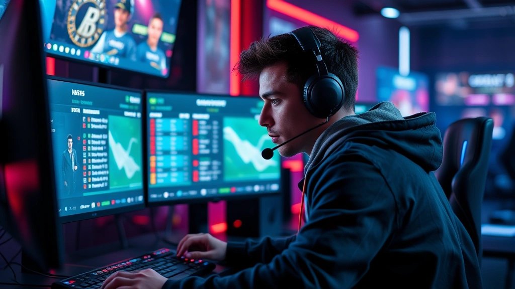 Professional esports player concentrating intensely at gaming setup with multiple monitors displaying real-time sports statistics and league data, dramatic RGB lighting, competitive gaming environment