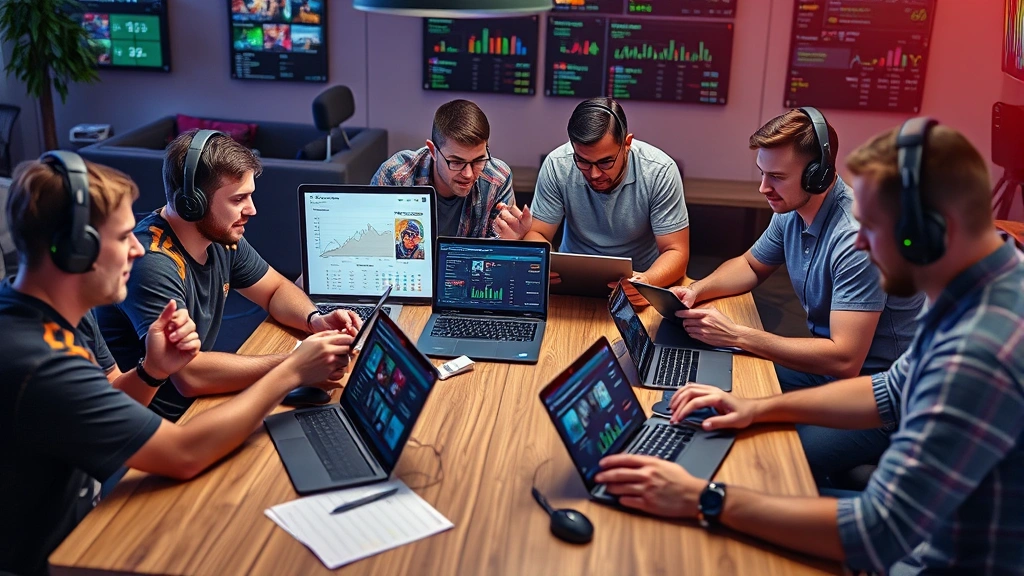 Diverse group of gamers collaborating around a table analyzing sports performance charts and statistics with laptops and tablets, casual gaming lounge atmosphere, focused discussion