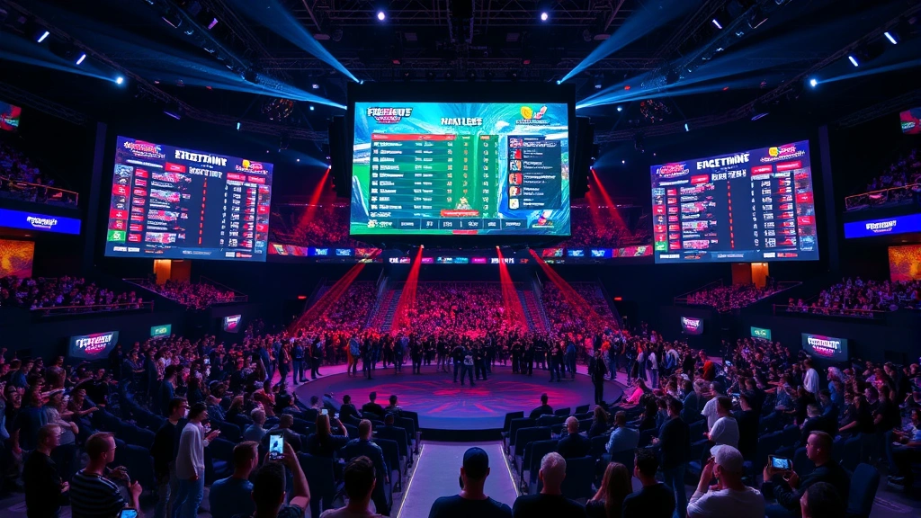 Vibrant gaming tournament arena with large screens showing live league standings and player statistics, crowd of enthusiastic spectators, professional esports venue lighting and setup