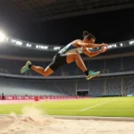Professional athlete performing long jump at Olympic stadium during daytime competition with sand pit visible, dramatic athletic form captured mid-air
