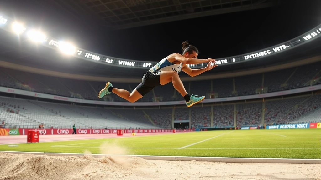Professional athlete performing long jump at Olympic stadium during daytime competition with sand pit visible, dramatic athletic form captured mid-air