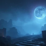 Moody atmospheric indie game scene with ethereal lighting, celestial elements, mysterious environment, no UI or text visible, photorealistic game graphics