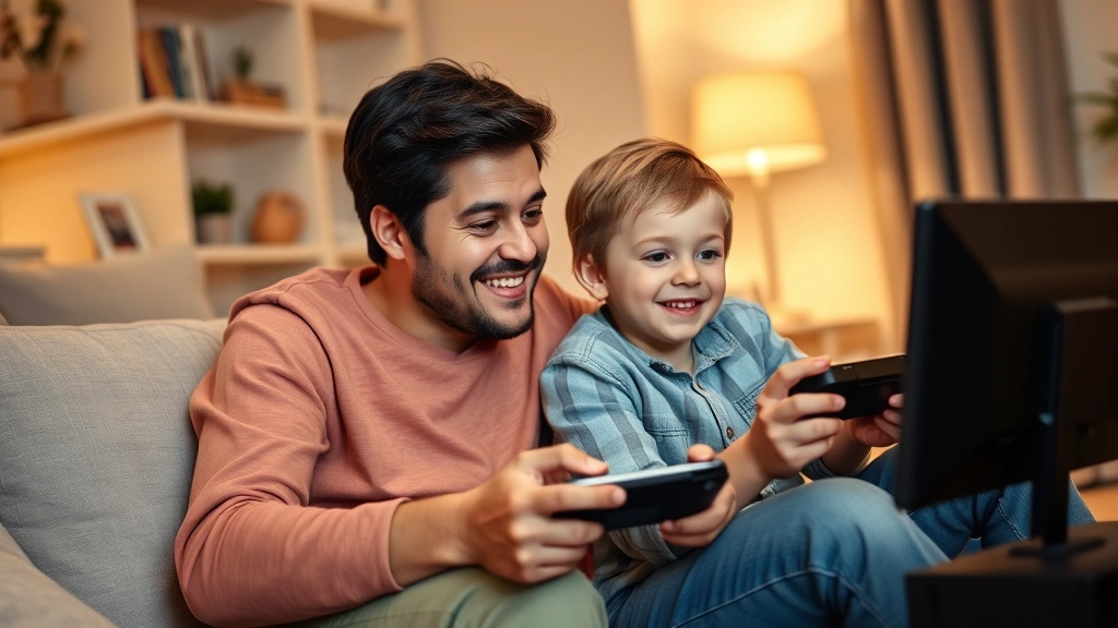 Parent and teenage child sitting together playing video game on console, discussing game content thoughtfully, realistic family moment, warm lighting, no screen visible