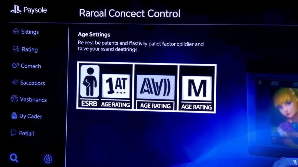 Digital parental control interface on gaming console, settings menu, age rating symbols ESRB M rating displayed, tech-focused composition, clear and informative layout