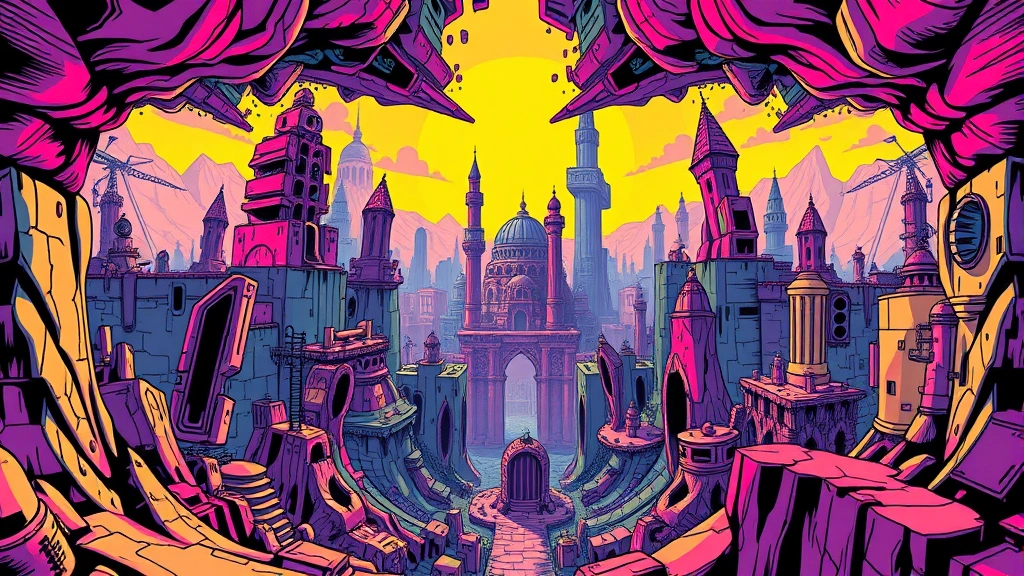 Chaotic comic book art style game environment with warped architecture and vibrant contrasting colors, psychedelic visual distortions, surreal landscape with impossible geometry, no UI elements visible