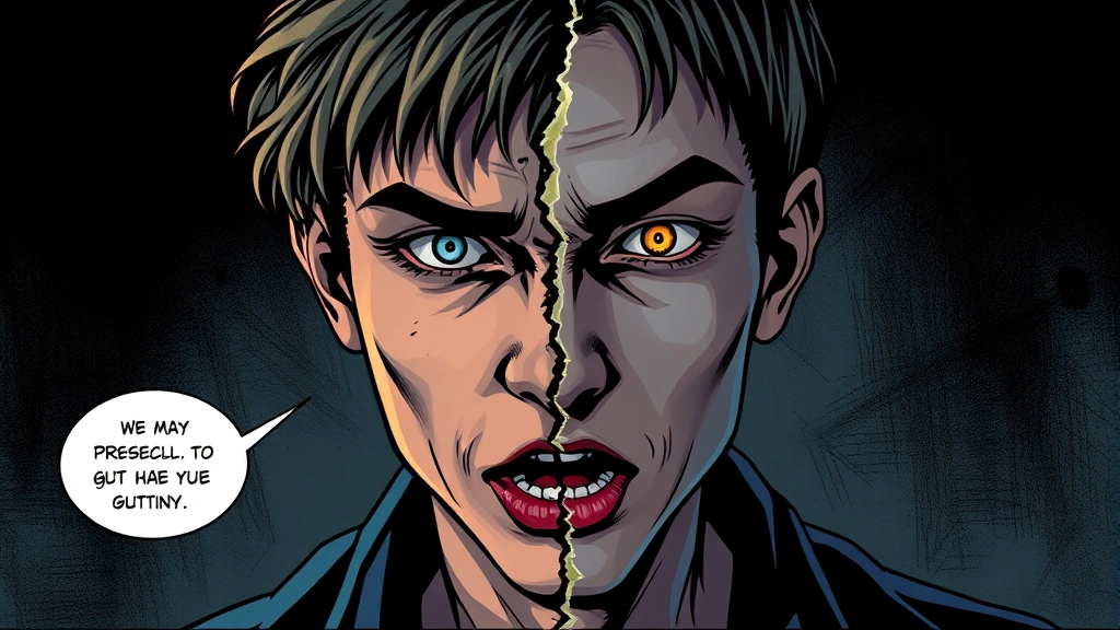 Character with fractured identity shown through split visual representation, psychological horror aesthetic mixed with comic book illustration style, dramatic lighting showing mental transformation, no text or dialogue bubbles