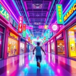 A player character running through a colorful shopping mall environment filled with vibrant storefronts and bright neon signs, dynamic arcade-style visual presentation