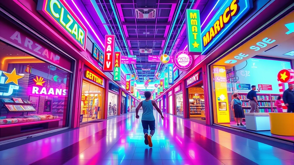 A player character running through a colorful shopping mall environment filled with vibrant storefronts and bright neon signs, dynamic arcade-style visual presentation