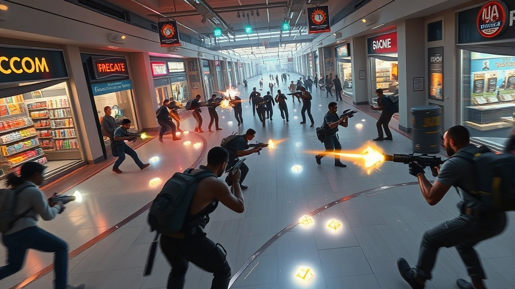 Multiple players competing simultaneously in a chaotic mall setting with item pickups glowing on the ground, fast-paced multiplayer action sequence