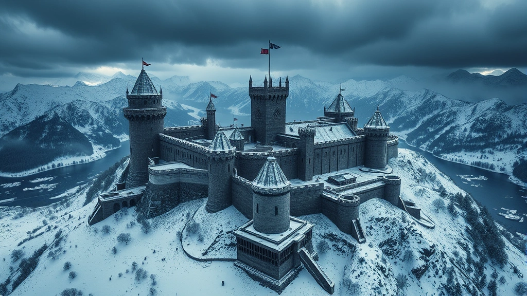 Photorealistic aerial view of a massive medieval castle complex with multiple towers and fortifications, surrounded by snow-covered mountains and a frozen landscape, dramatic winter atmosphere with dark storm clouds overhead
