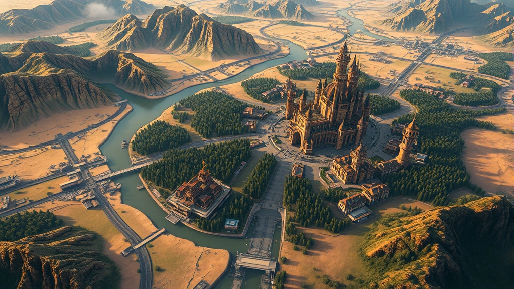 Photorealistic overhead view of a sprawling fantasy kingdom with interconnected cities, rivers, forests, and mountains creating natural borders, warm sunlight illuminating diverse terrain from deserts to grasslands