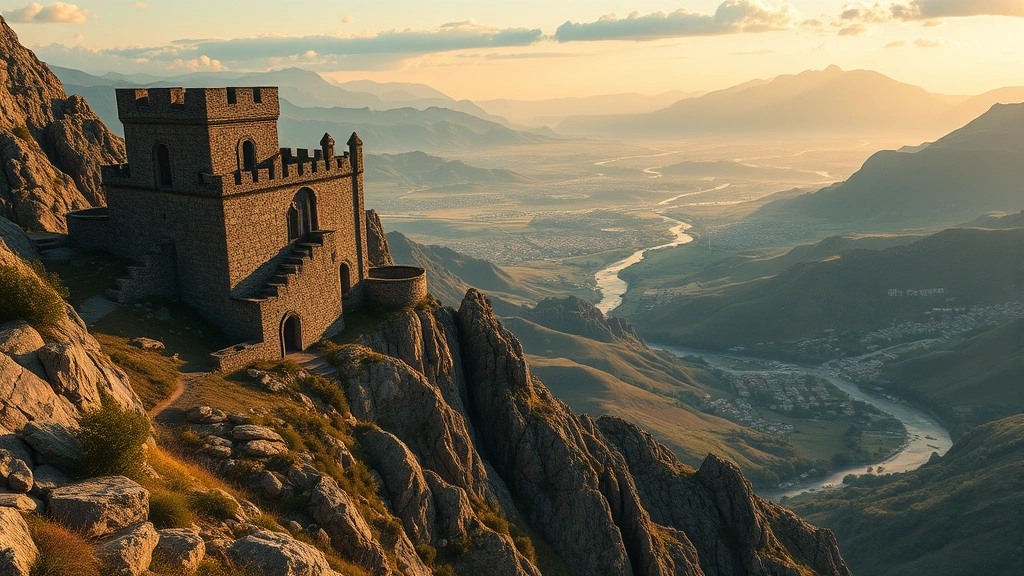 Photorealistic cinematic scene of an ancient stone fortress perched on rocky cliffs overlooking a vast valley with winding rivers, multiple settlements below, and distant mountain ranges, golden hour lighting
