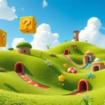 A vibrant, photorealistic Mushroom Kingdom landscape with rolling green hills, colorful pipes, and floating question mark blocks suspended in the air, bright sunny day with fluffy white clouds, no HUD or text elements