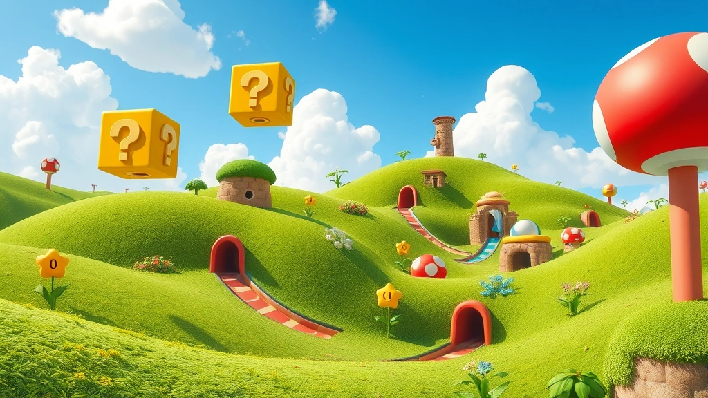 A vibrant, photorealistic Mushroom Kingdom landscape with rolling green hills, colorful pipes, and floating question mark blocks suspended in the air, bright sunny day with fluffy white clouds, no HUD or text elements