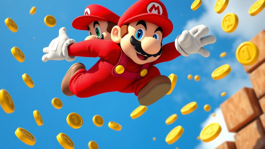 Close-up of a plumber character in iconic red outfit mid-jump against a blue sky, dynamic action pose, surrounded by golden coins and power-up items in mid-air, photorealistic style with detailed fabric textures