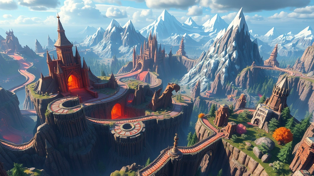 Expansive fantasy game world with diverse biomes visible in background including lava castles, ice mountains, and forest kingdoms, winding paths and platforms creating a sense of adventure and exploration, vibrant color palette, no UI elements