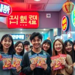 Vibrant fast-food restaurant interior with neon Korean drama-inspired decorations, customers holding limited-edition collectible packaging, retro childhood game setups in background, bright cheerful lighting, diverse group of young adults smiling and engaging with themed displays