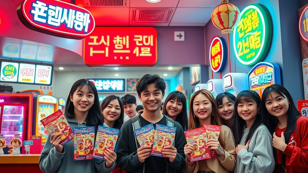 Vibrant fast-food restaurant interior with neon Korean drama-inspired decorations, customers holding limited-edition collectible packaging, retro childhood game setups in background, bright cheerful lighting, diverse group of young adults smiling and engaging with themed displays