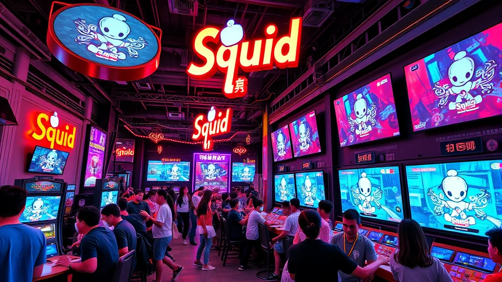 Gaming cafe or entertainment venue bustling with visitors, large screens displaying Squid Game content, people playing interactive games, neon signage, energetic atmosphere with multiple generations participating, modern urban entertainment space aesthetic