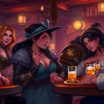 Vibrant digital art showing diverse characters in a romantic fantasy tavern setting with warm lighting, detailed character expressions, fantasy clothing, intimate but tasteful composition, no game UI or text elements visible