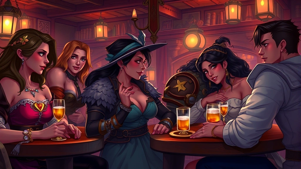Vibrant digital art showing diverse characters in a romantic fantasy tavern setting with warm lighting, detailed character expressions, fantasy clothing, intimate but tasteful composition, no game UI or text elements visible