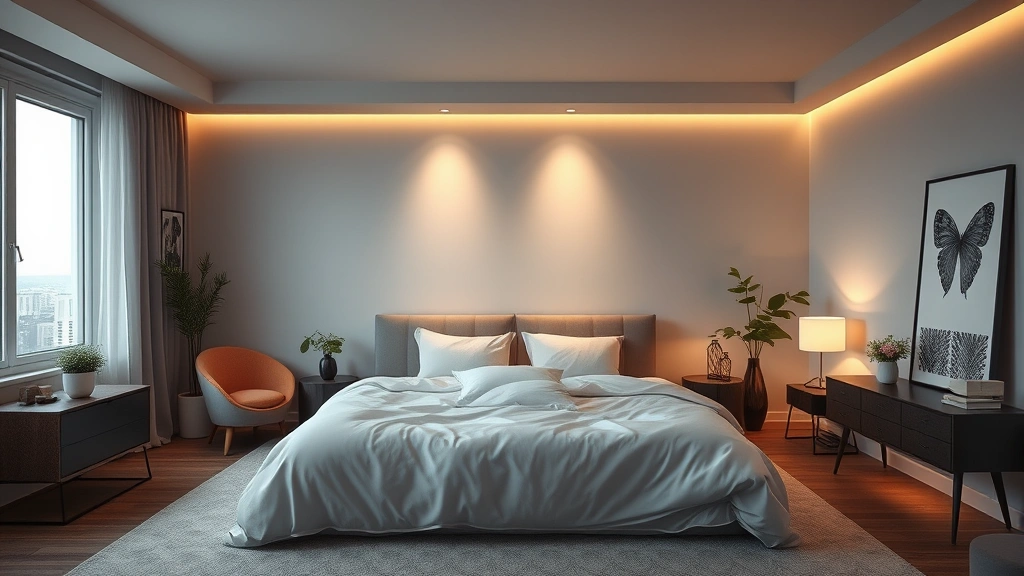 Modern bedroom interior scene with soft ambient lighting, comfortable furnishings, romantic atmosphere, photorealistic rendering, no people visible, cozy and intimate ambiance without explicit content