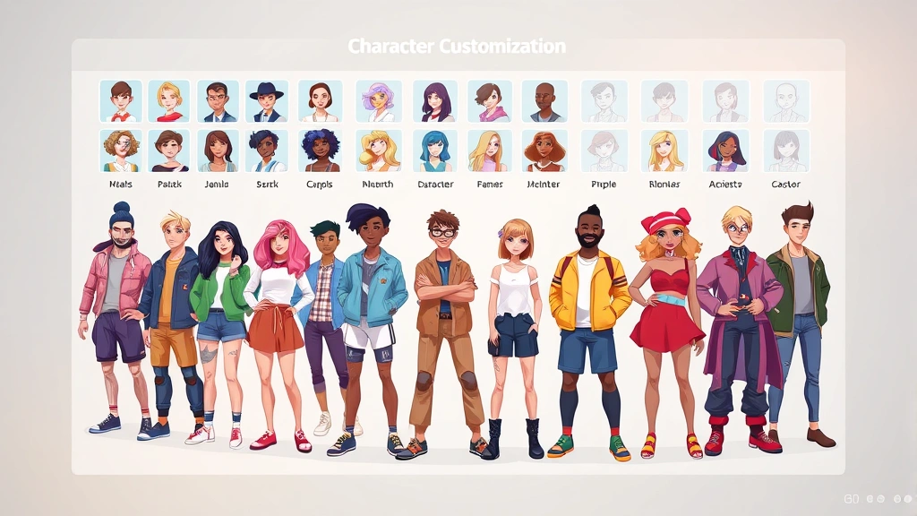 Colorful character customization interface visualization showing multiple stylized character designs in different outfits and poses, artistic illustration style, celebration of diversity and creative expression, no actual game menus or UI visible
