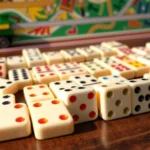Colorful double-twelve domino set spread across a wooden table with Mexican Train board in background, showing various dominoes with visible pips in natural lighting, close-up perspective
