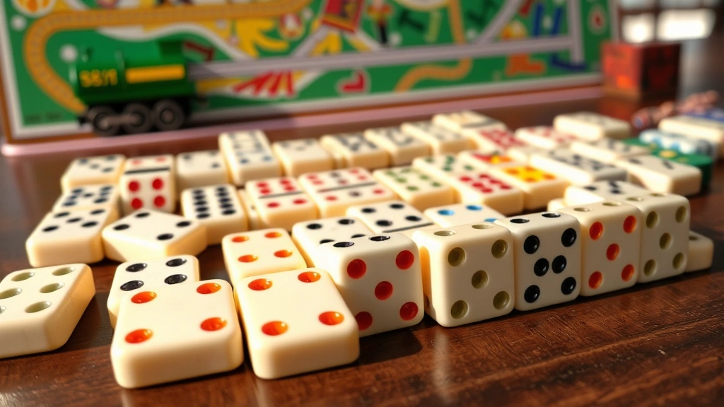Colorful double-twelve domino set spread across a wooden table with Mexican Train board in background, showing various dominoes with visible pips in natural lighting, close-up perspective