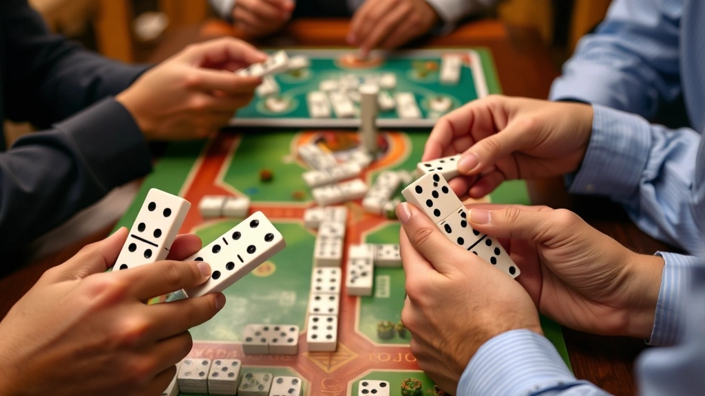 Players' hands holding dominoes during an active Mexican Train game round, showing multiple domino tiles fanned out on personal racks with game board visible in soft focus background